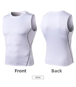 Front and back views of white men's compression vest with ergonomic seams and muscle lines