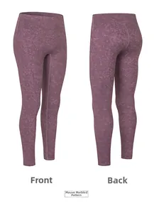Front and back view of purple mottled high waist yoga pants with seamless fit design
