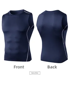 Close-up of navy blue men's compression vest with grey stitching and slim fit design