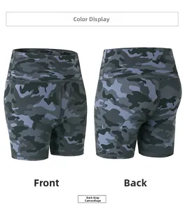 Vues avant et arrière du short de yoga taille haute pour femme en camouflage gris foncé
