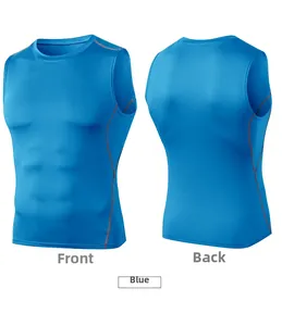 Front and back views of blue compression shirt showing ergonomic grey side stitching