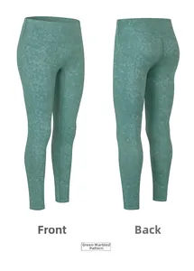 Front and back view of high-waisted green marble pattern yoga leggings for women