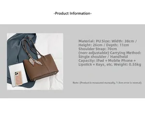 Brown PU leather tote bag details showing 38x26x11cm dimensions and decorative silk scarf