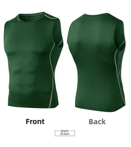 Front and back views of men's dark green compression tank top with side stripes