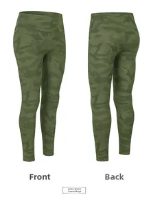 Front and back views of high waist army green camo yoga pants with no front seam design