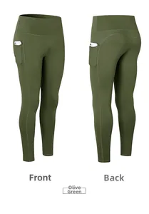 Vues avant et arrière du legging de yoga vert olive taille haute avec poches