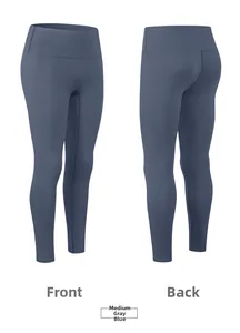 Detailed front and back views of high-waist seamless yoga pants in medium grey blue fabric