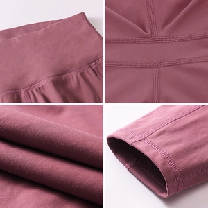 Vue détaillée des coutures renforcées et de la texture de la taille du legging rose