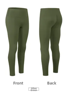 Detailed views of olive green high-waisted yoga pants with seamless front and contouring fit