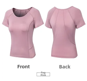 Vista fronte e retro della maglietta sportiva rosa nebbia slim fit per yoga da donna