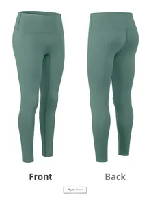 Detailed front and back view of high-waist seamless yoga pants in Mystery Green shade