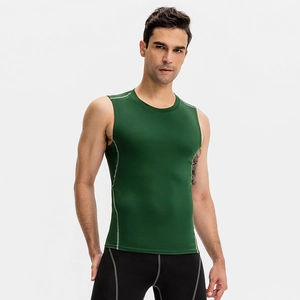 Men's dark green compression tank top for gym training with elastic quick-dry fabric