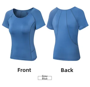 Vista anteriore e posteriore della maglietta sportiva grigio blu aderente da donna