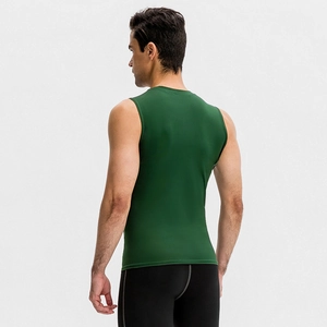 Men's dark green compression tank top with moisture-wicking fabric and elastic back fit