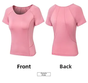 Vista anteriore e posteriore della t-shirt sportiva slim fit rosa petalo da donna