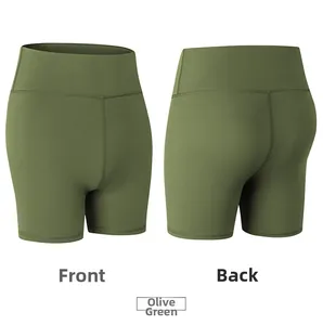 Vues détaillées avant et arrière du short de yoga fitness taille haute vert olive