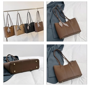 Detailed views of pebbled leather tote bag with contrast stitching and metal feet studs