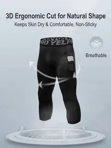 Men's 3/4 compression leggings with phone pocket and breathable 3D ergonomic seams