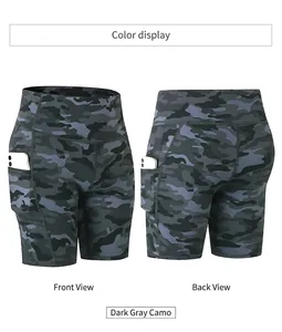 Detailweergave van de camouflage yoga shorts met handige zijzak voor een mobiele telefoon