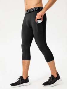Men's black compression capri pants with side pocket for phone and elastic PRO waistband