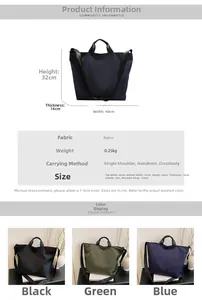 Detailed size chart and multi-color nylon tote bag options in black, navy, and army green