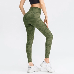 Olive green camouflage high-waisted yoga pants with lift effect for women