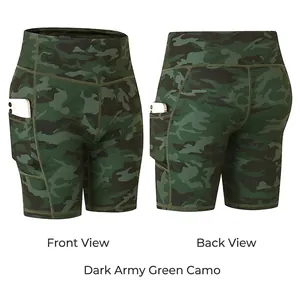 Detail van de high-waist yogashorts in camouflage met handig zijvak voor telefoon