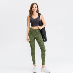 Women high waisted olive camo yoga leggings and dark grey racerback sports bra set