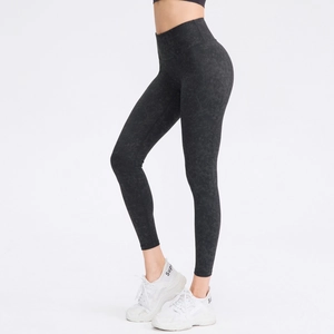High-waisted dark grey marble printed yoga leggings with seamless fitness fit for women
