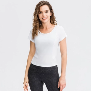 T-shirt sportiva bianca da donna vestibilità slim con scollo rotondo per yoga e fitness