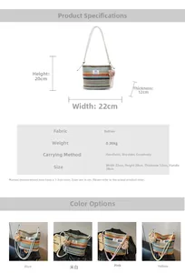 Size guide for striped woven straw bucket bag showing 22x20x12cm dimensions and weight