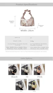 Detail view of ruched handle small square bag with pearl bow and size specifications