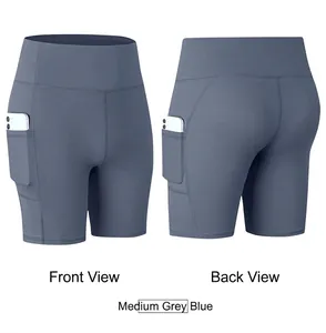 Voor- en achteraanzicht van de yoga shorts met hoge taille en zijvakken in grijsblauw