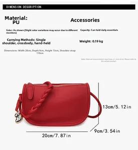 Tableau des tailles détaillé pour sac selle rouge avec dimensions 20x13x9cm et spécifications