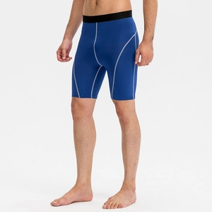 Short de compression sport homme bleu marine avec taille élastique et coutures contrastées argent