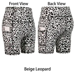 Voor- en achteraanzicht van hoge taille yoga short met luipaardprint en zijzakken