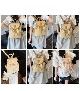 Detail of woven straw backpack with drawstring closure and flap cover in various colors