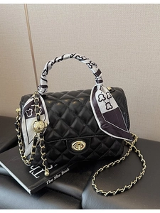 Women Elegant PU Leather Quilted Diamond Lattice Shoulder Bag With Satin Scarf Wrapped Handle Gold Chain Crossbody Bag