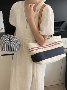 Damen Große Kapazität Gestreifte Leinwand Tragetasche Minimalistisch Koreanischer Stil Leinwand Handtasche Mit Lederriemen