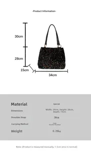 Detailed size chart of black sequin tote bag showing dimensions 34x28x15cm with handle