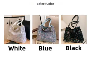 Detailed comparison of sequin tote bags in white, blue and black with leather handles