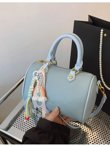 Women Niche PU Leather Lychee Pattern Boston Bag Summer Versatile Crossbody Bag Korean Casual Handheld Pillow Bag With Rainbow Pendant