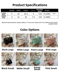 Size chart and color selection for quilted chain bucket bags in black white green and pink