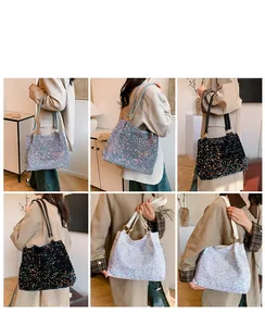Glitter sequin tote bag showing multi-angle views and three colors on a model