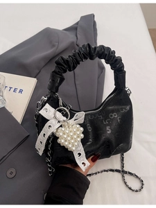 Women Hobo Bag PU Leather Pleated Handle Number Print Heart Artificial Pearl Charm Crossbody Shoulder Bag Trendy