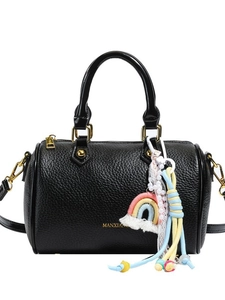 Black pebble leather Boston bag with rainbow charm and gold metal hardware for women