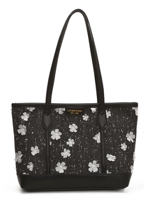 Grote zwart-witte tweed shopper met 3D-bloemen en leren handvatten voor damesmode