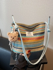 Summer Rainbow Striped Straw Woven Bucket Bag For Women Bohemian Casual Beach Shoulder Bag With Plush Bear Pendant Fashion Handbag