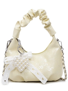 Chic pleated handbag in cream yellow with digital print and pearl heart pendant charm
