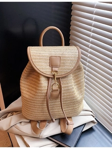 Large Capacity Straw Woven Backpack For Women Summer Beach Holiday Casual Drawstring Travel Rucksack With Leather Trim